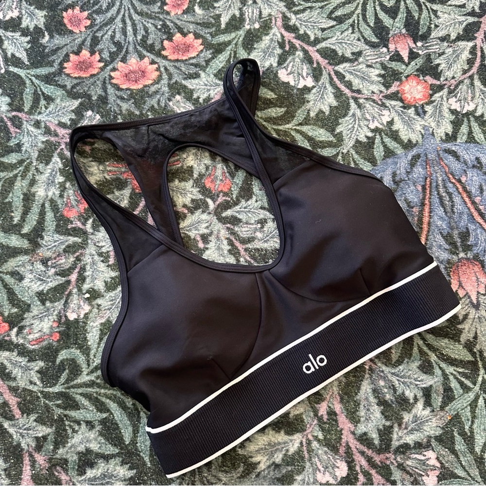 ALO Yoga Black Racerback Sports Bra with White Trim